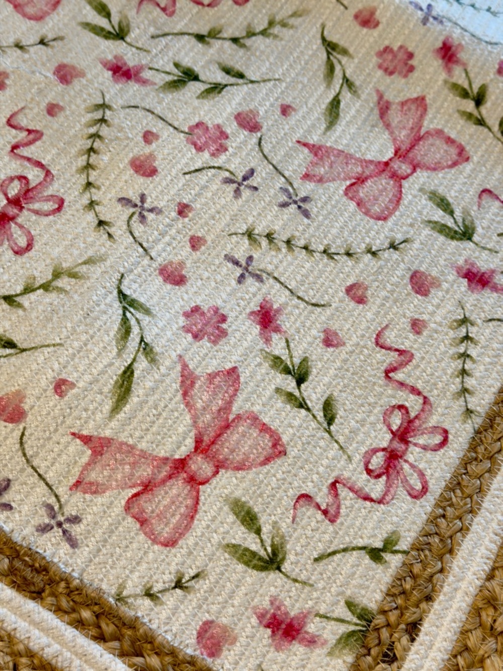 Cottagecore Bow Floral Accent Rug 27x45 | Jute Trim Handmade India - Picture 3 of 7